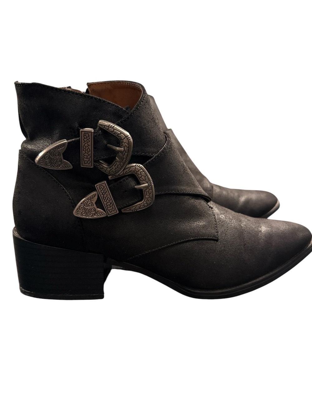 Cupid Black Ankle Booties with Ornate Silver Buckles